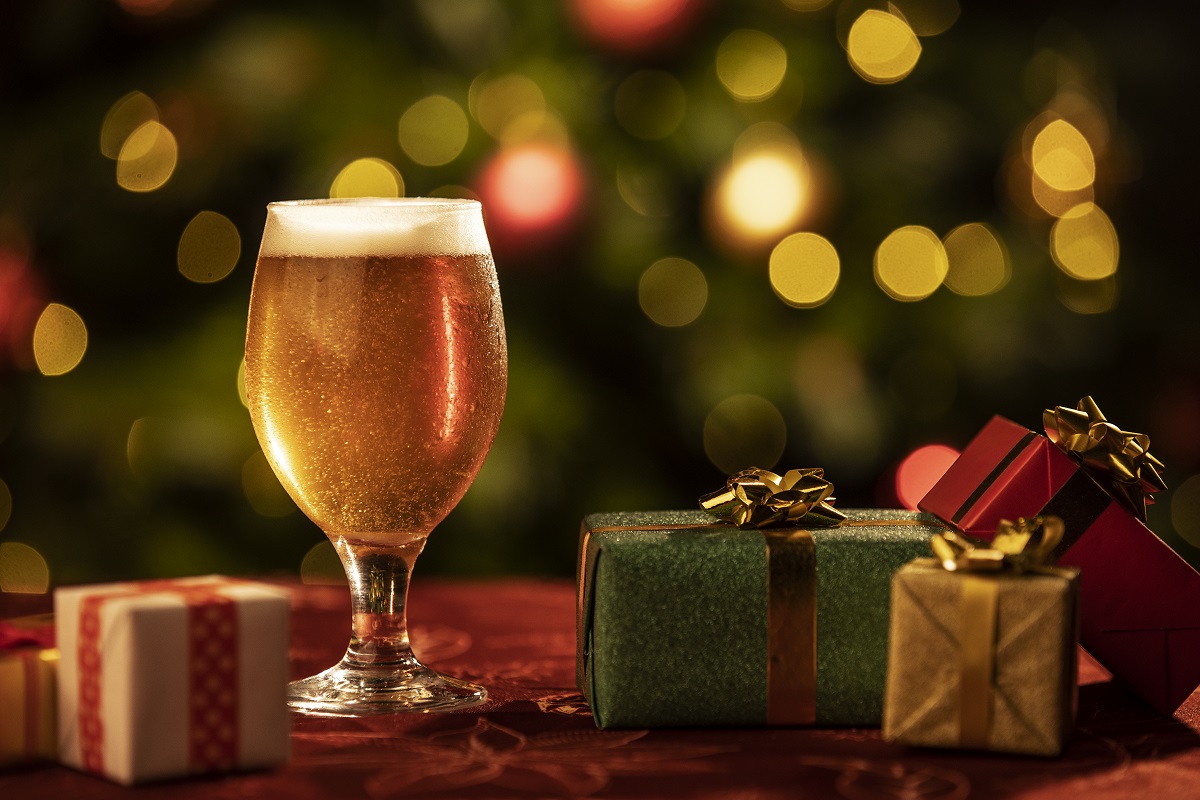 glass with a beer and presents